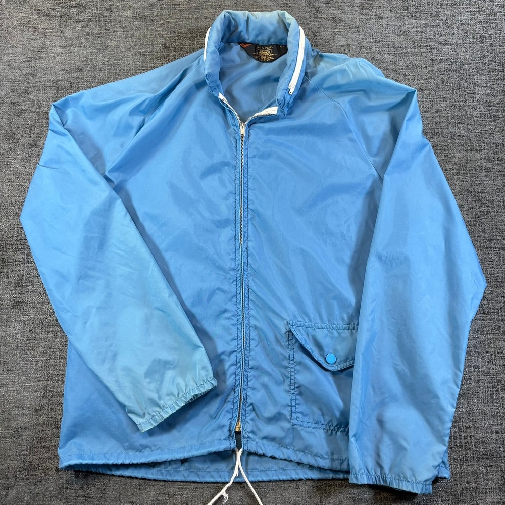 Sears Windbreaker Jacket Mens M Blue Vintage Full Zip Packable Hood 1445